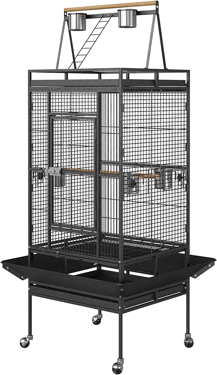 68-Inch Birdcage, Playtop Parrot Cage, Wrought Iron Bird Cage with Rolling Stand, Heavy-Duty Pet Bird House for Parrot Cockatiel Cockatoo Parakeet Macaw Finches, Black