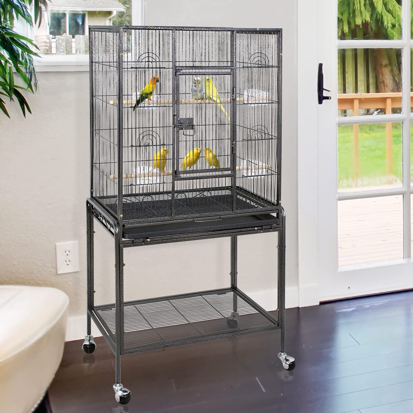 53-Inch Parakeet Bird Cage, Wrought Iron Birdcage with Rolling Stand, Pet Parrot Cage, Flight Cage for Cockatiels Parakeet Lovebird Canary Finch