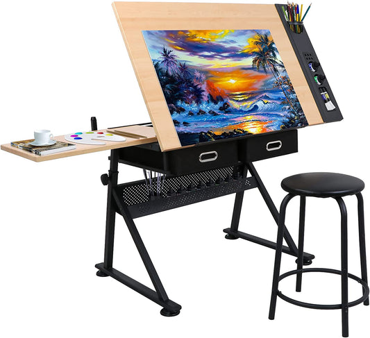 Drafting Table Art Desk Drawing Table Height Adjustable Artist Table Tilted Tabletop w/Drafting Stool and Storage Drawer for Reading, Writing, Crafting, Painting Art