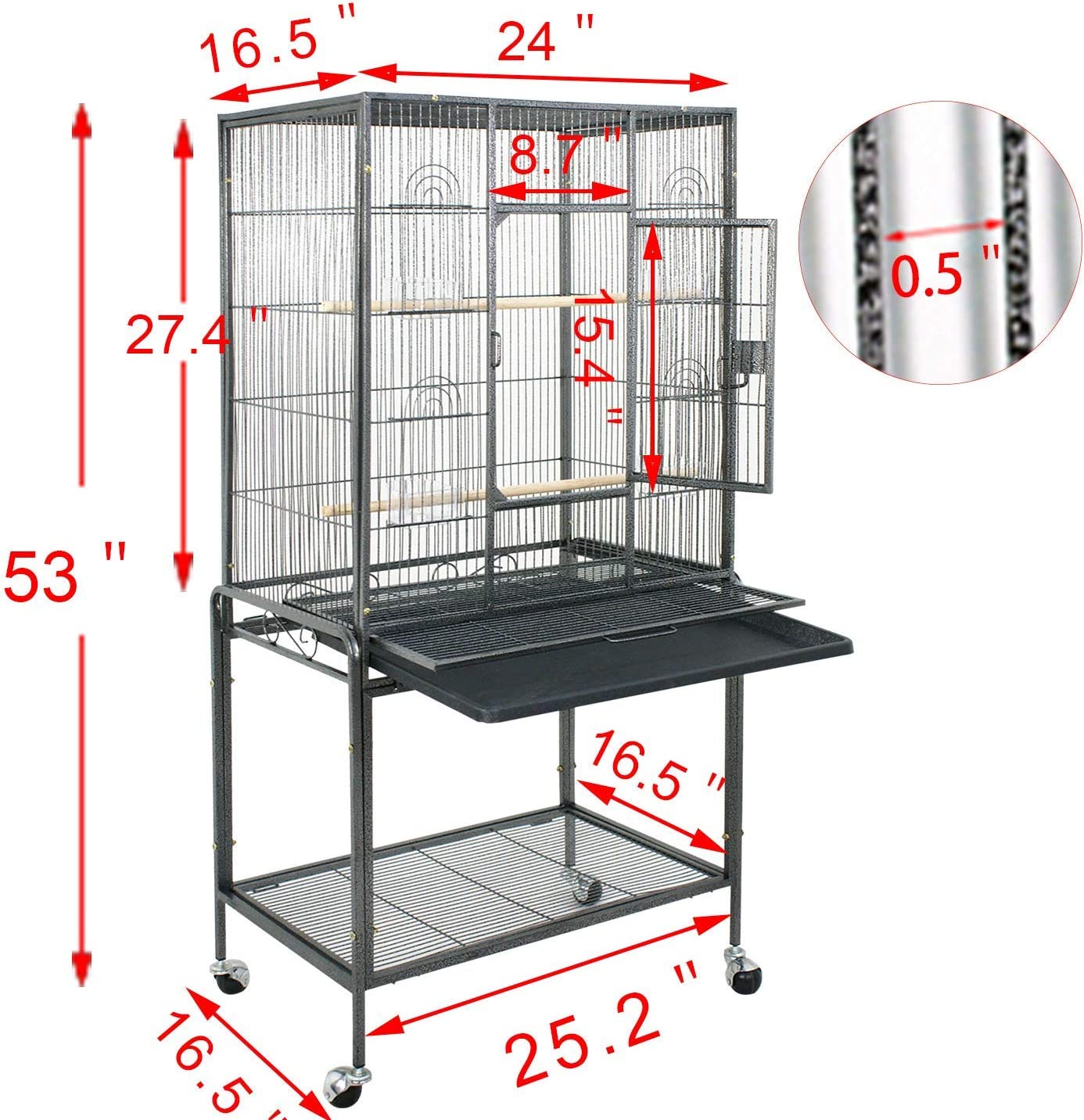 53-Inch Parakeet Bird Cage, Wrought Iron Birdcage with Rolling Stand, Pet Parrot Cage, Flight Cage for Cockatiels Parakeet Lovebird Canary Finch
