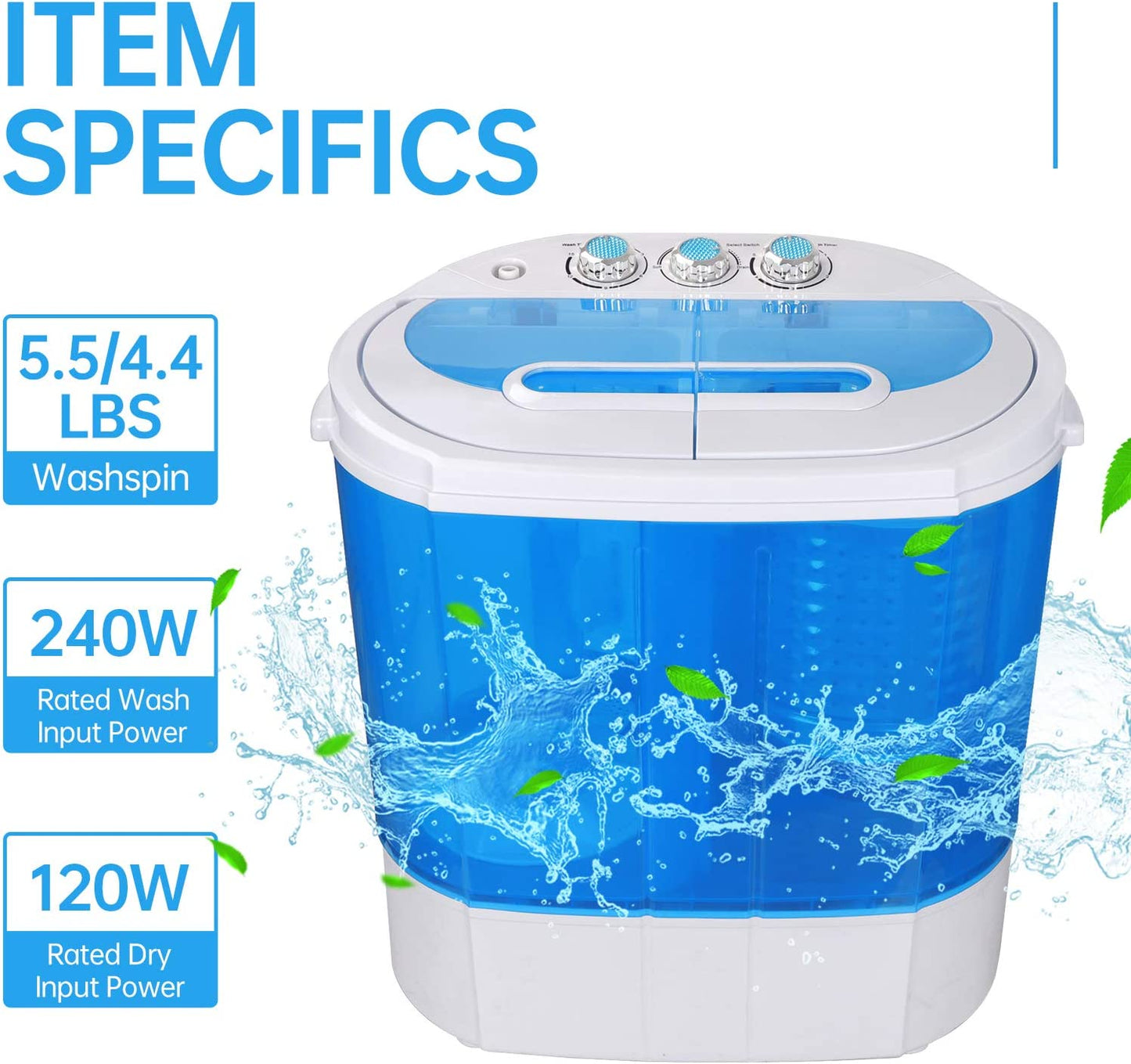 Portable Clothes Washing Machine Mini Twin Tub Small Laundry Washer Aparment Spin Dryer 9.9lbs Capacity Lightweight for Dormitory, RV