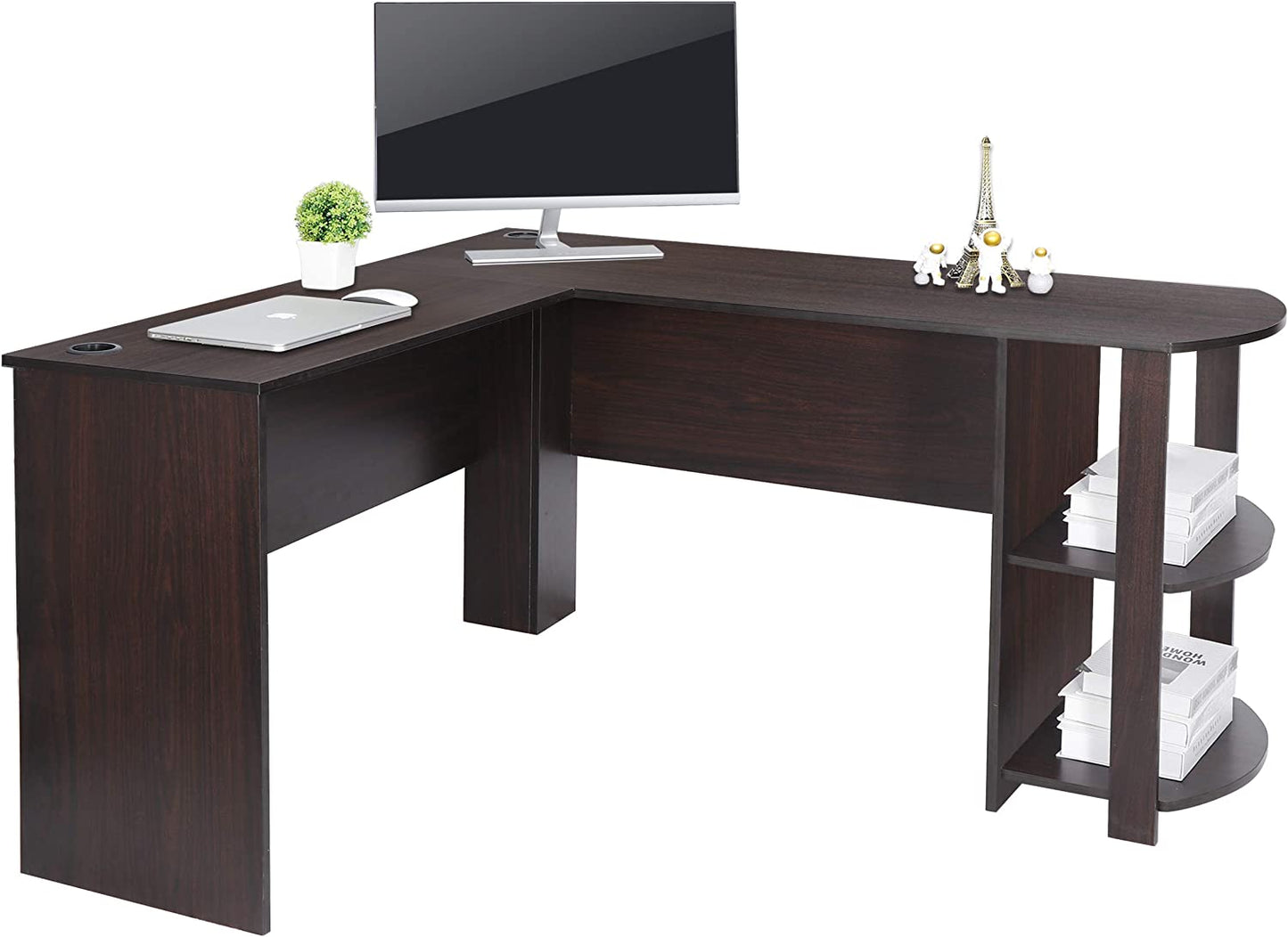 L-Shaped Computer Desk with Bookshelf 53.6’’ Corner Desk Gaming Desk Large Home Office Desk with Storage, Espresso
