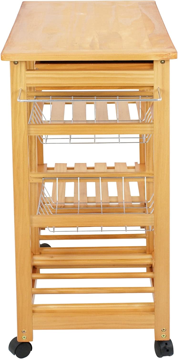 4-Shelf Kitchen Storage Island Cart Rack Wood Dining Trolley w/Drawers Basket Stand Home Kitchen Shelves and Organizer w/Wheels