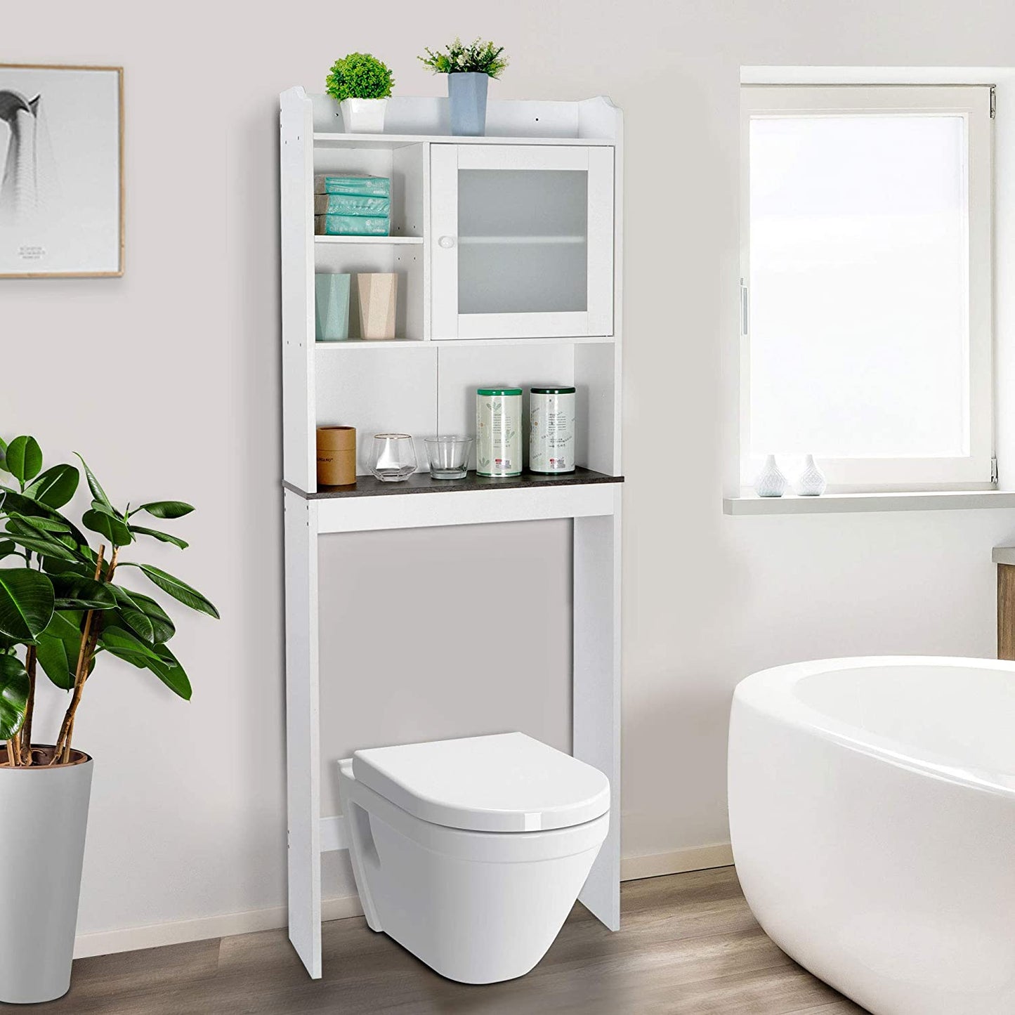 Over The Toilet Cabinet, Freestanding Bathroom Storage Cabinet, Space-Saving Toilet Storage Wood Cabinet w/Adjustable Shelves, White