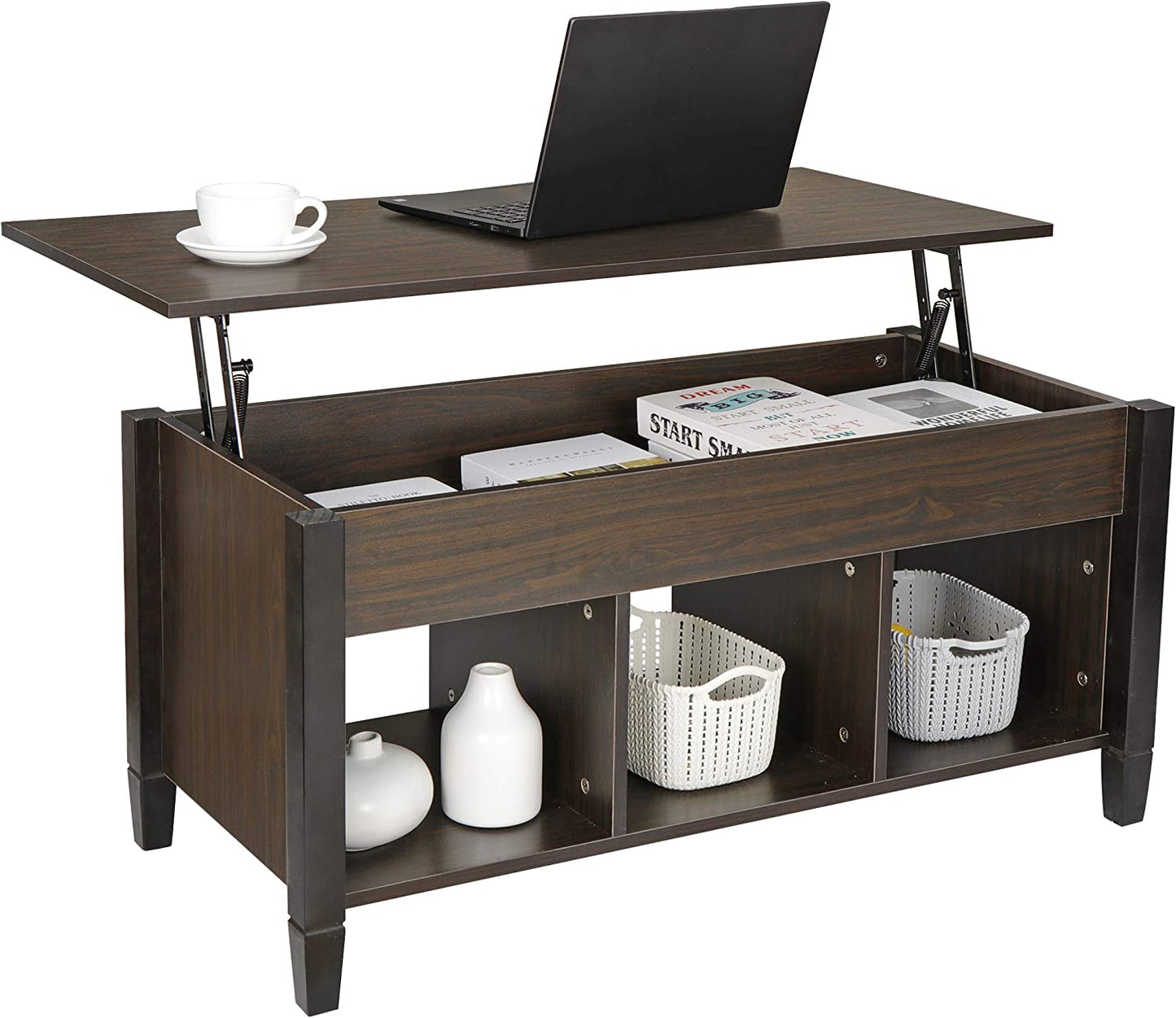Lift Top Coffee Table with Hidden Compartment and 3 Divided Shelves Modern Furniture for Home, Living Room, Décor