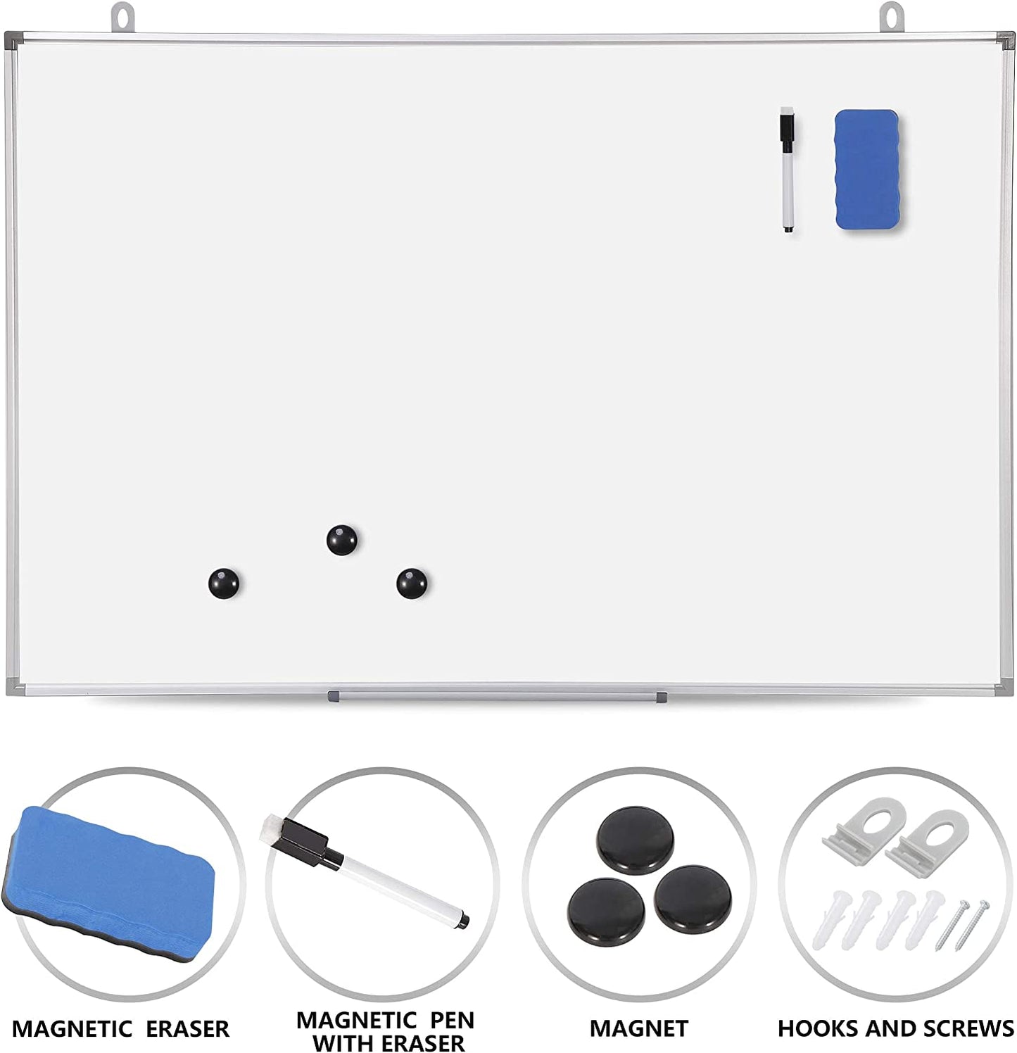 Magnetic Dry Erase Board, 36 x 24 inch Whiteboard for Wall, Aluminum Frame, Wall Hanging White Board with Eraser Marker Pen for Home Office School