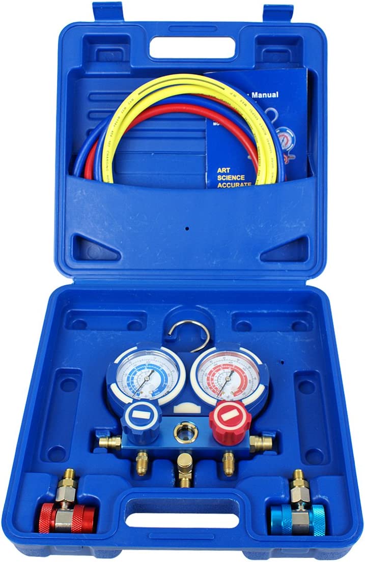 Diagnostic A/C Manifold Gauge Set R134a Refrigeration Kit Brass Auto Serivice Kit 4FT w/Case, 1/4" SAE Fittings