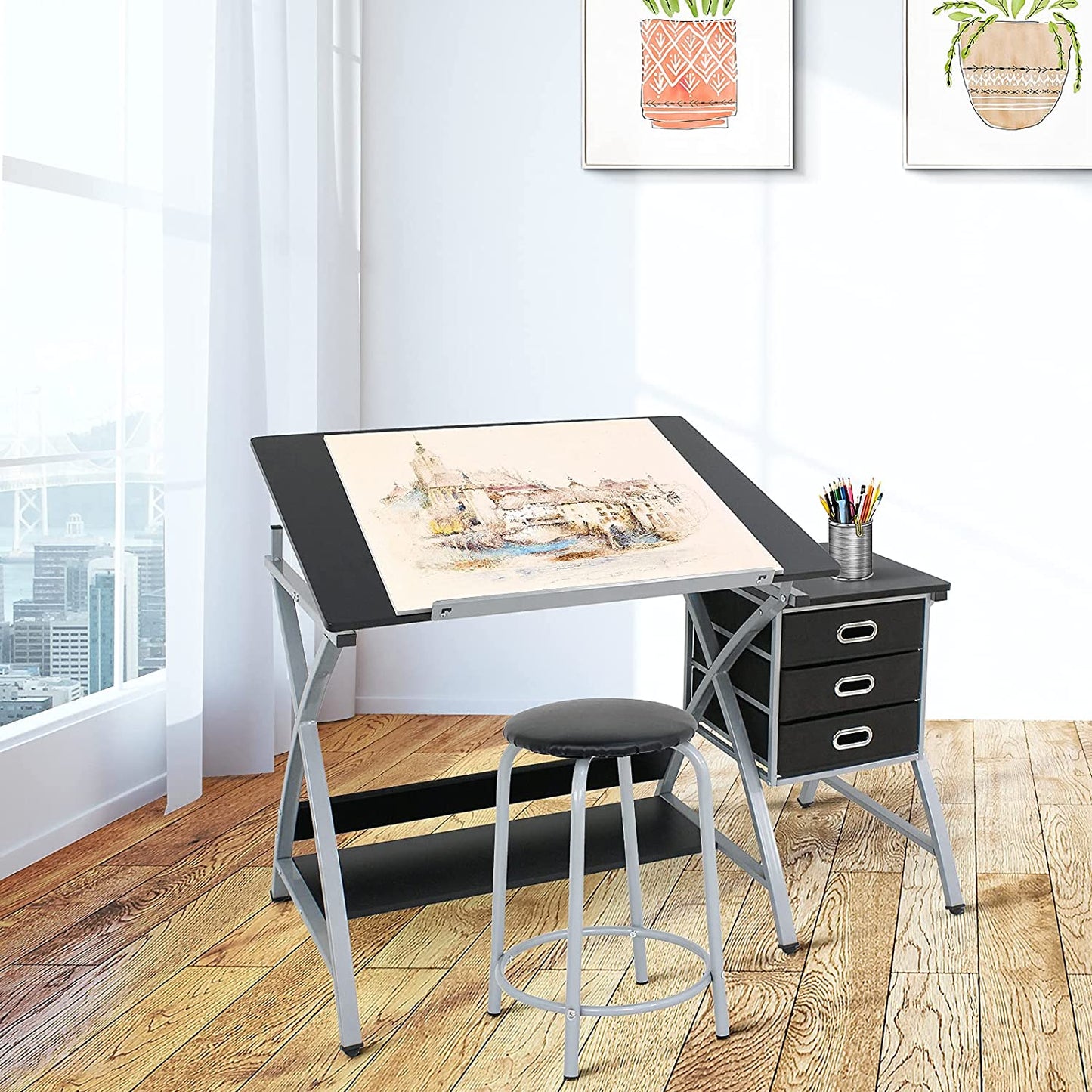 Drafting Table and Stool Set Tabletop Tilted Drawing Table Drafting Desk w/Drawers Artists Workstation, Art Craft Supplies