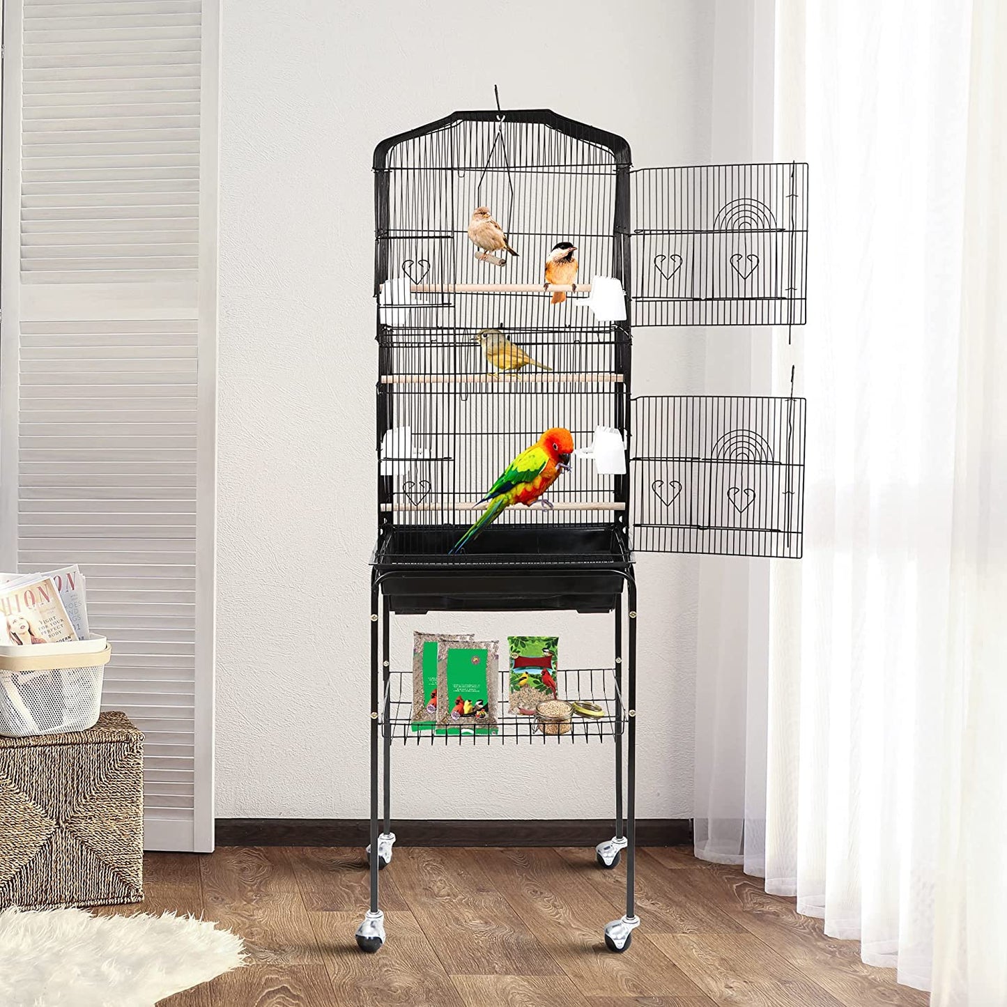 59.3 Inch Bird Cage, Rolling Wrought Iron Parrot Cage with Side-Out Tray, Storage Shelf, Pet Bird House for Parrot Cockatiel Cockatoo Parakeet Macaw Finches