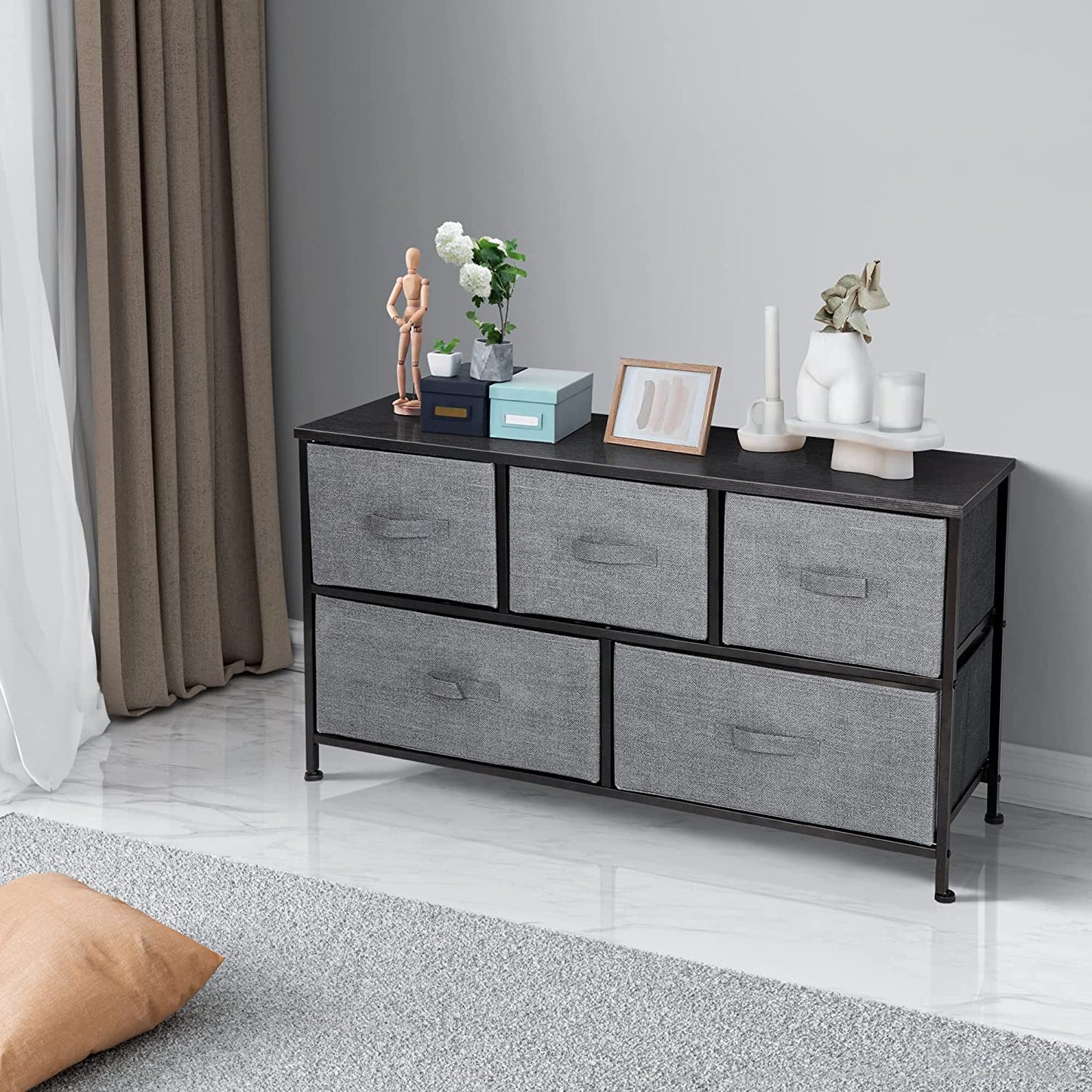 Extra Wide Dresser Storage Tower - Storage Tower Unit for Bedroom, Hallway, Closet, Office Organization - Steel Frame, Wood Top, Easy Pull Fabric Bins - 5 Drawers