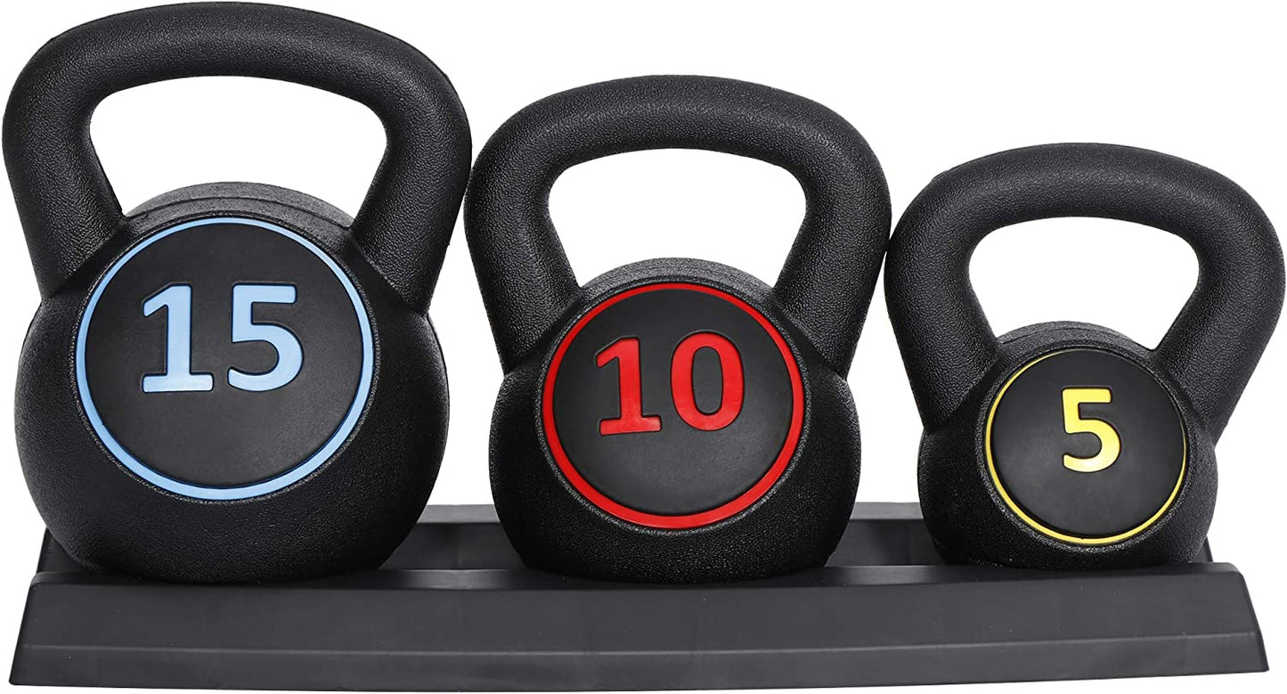 3-Piece Kettlebell Set with Storage Rack Heavy Duty Concrete Kettle Bells 5 lbs 10 lbs 15 lbs for Weightlifting,Strength & Core Training Home Gym