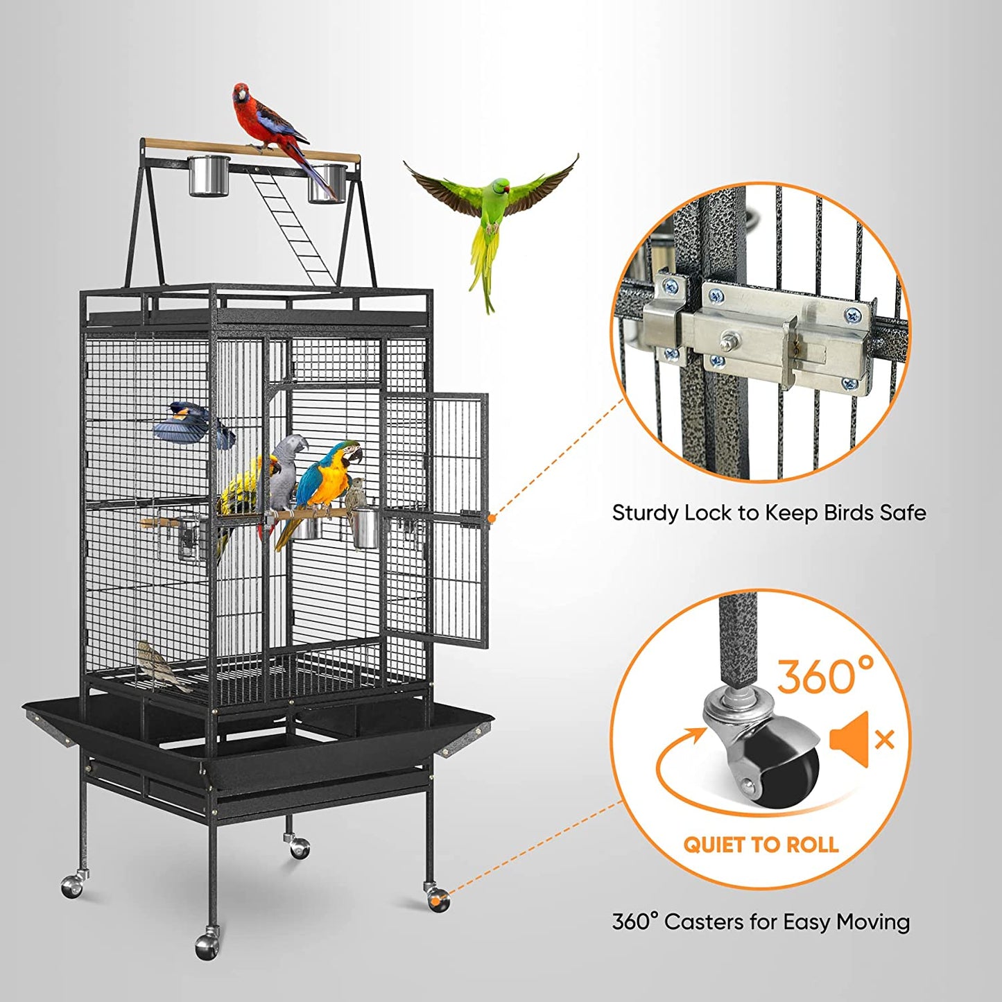 68-Inch Birdcage, Playtop Parrot Cage, Wrought Iron Bird Cage with Rolling Stand, Heavy-Duty Pet Bird House for Parrot Cockatiel Cockatoo Parakeet Macaw Finches, Black