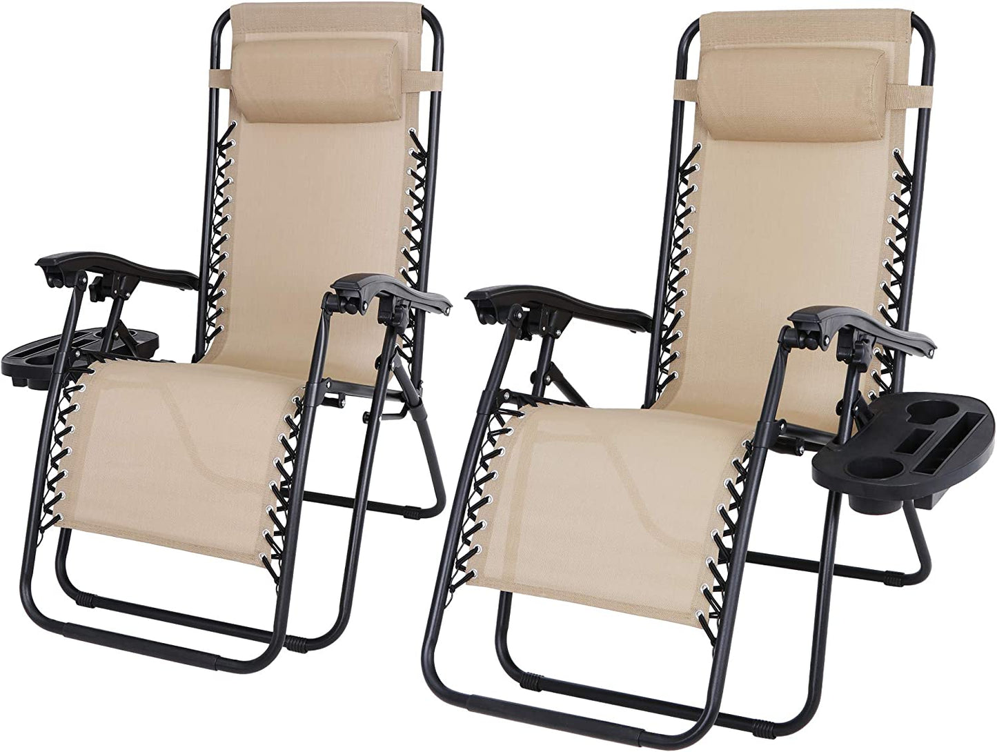 Zero Gravity Lounge Chairs Set of 2 Adjustable Folding Recliners with Cup Holders and Headrest for Patio, Pool Deck Beach Yard