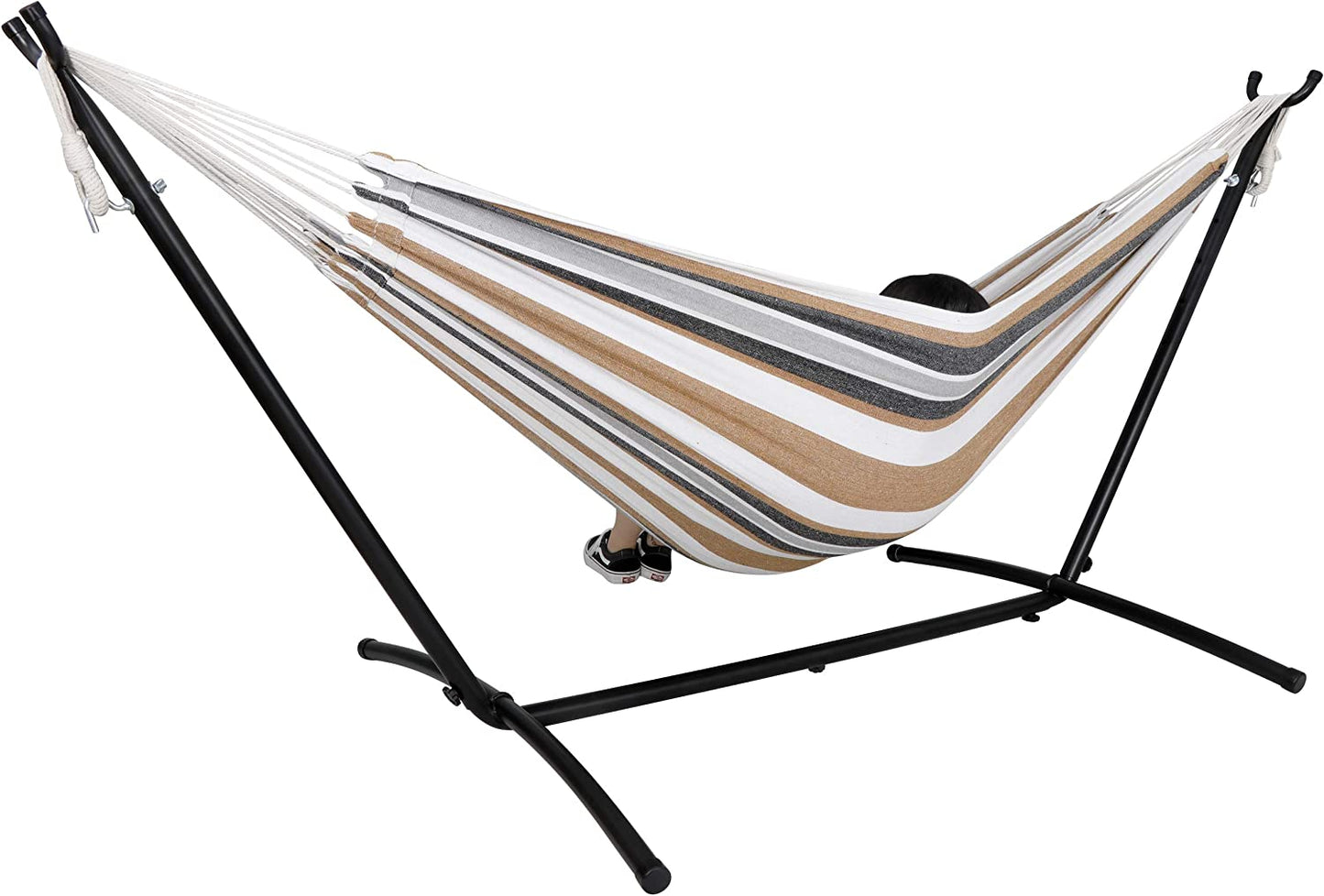 Double Hammock with Stand 2 Person Heavy Duty Steel 9ft Hammock Stand Portable Carrying Bag for Indoor Outdoor Bedroom,Desert Stripes
