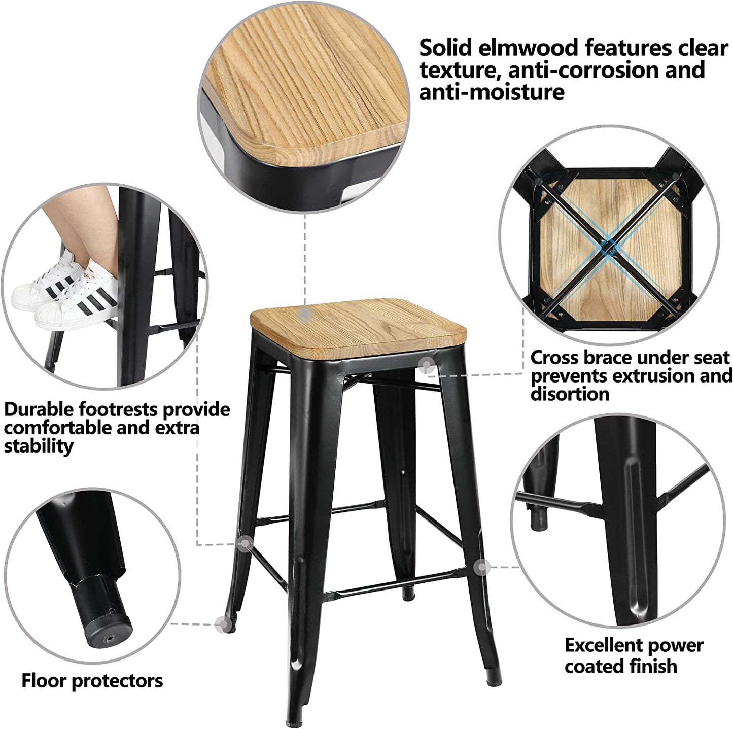 Set of 8 Metal Bar Stools 26" Counter Height with Wooden Seat Stackable Indoor/Outdoor Barstools, 330 lbs Capacity