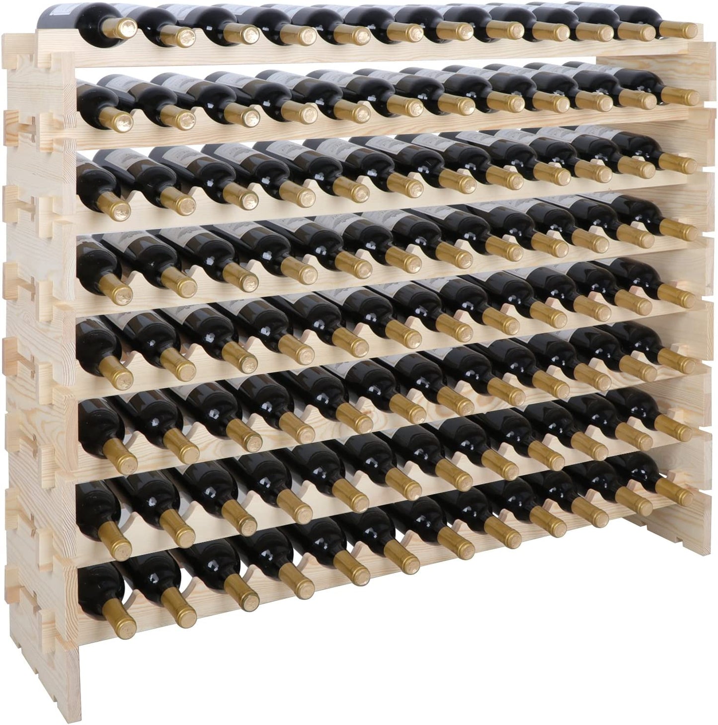 Large 96 Bottles Wood Wine Rack Stackable Storage Across up to 8 Rows Solid Wooden Display Shelves Rack Organizer