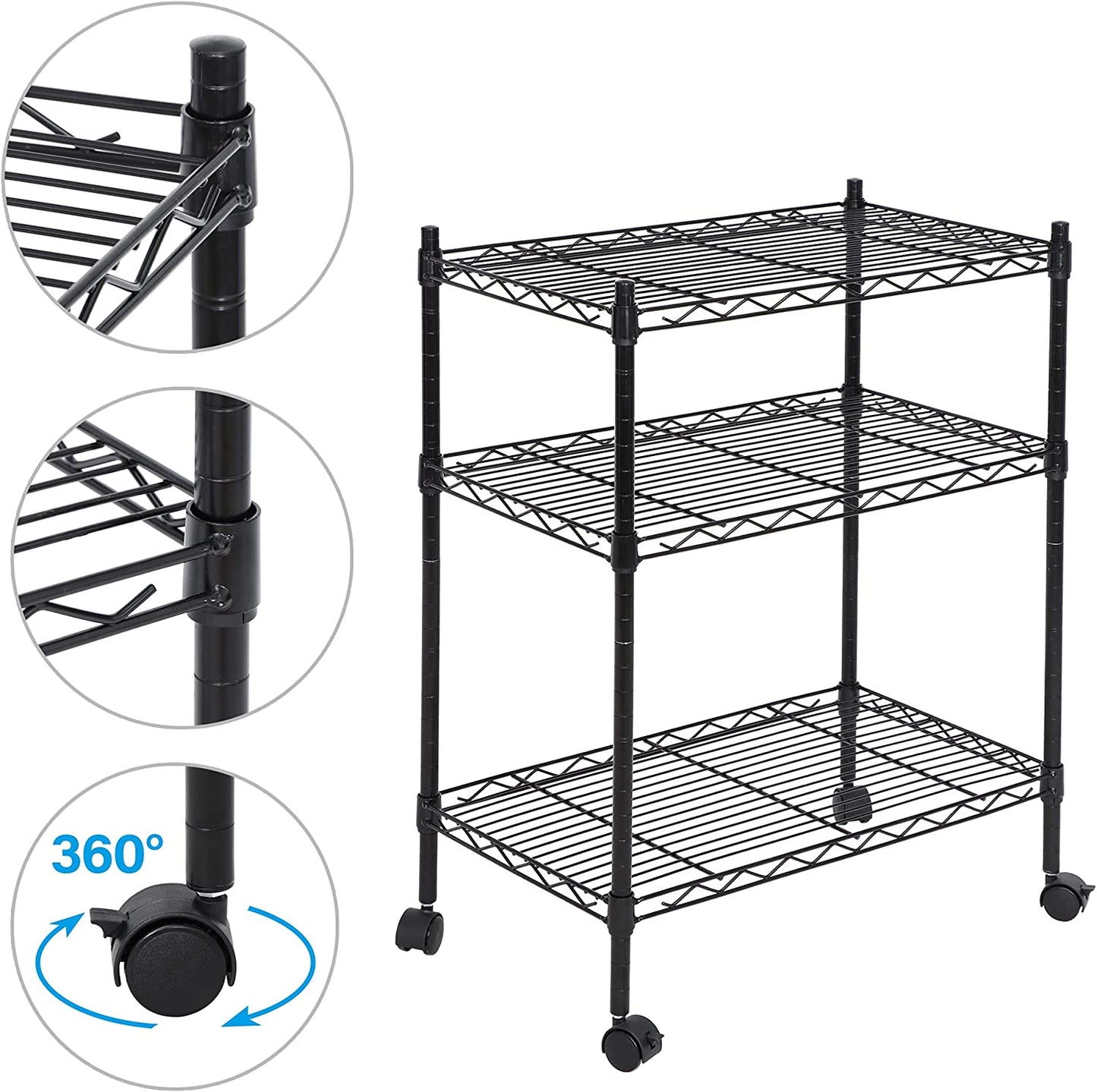 3-Shelf Heavy Duty Shelving Storage Unit with Casters, Metal Organizer Wire Rack for Kitchen, Office, Garage, Black