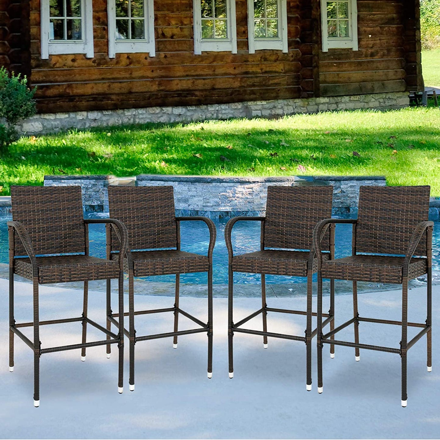 Set of 4 Wicker Barstool All Weather Dining Chairs Outdoor Patio Furniture Wicker Chairs Bar Stool with Armrest