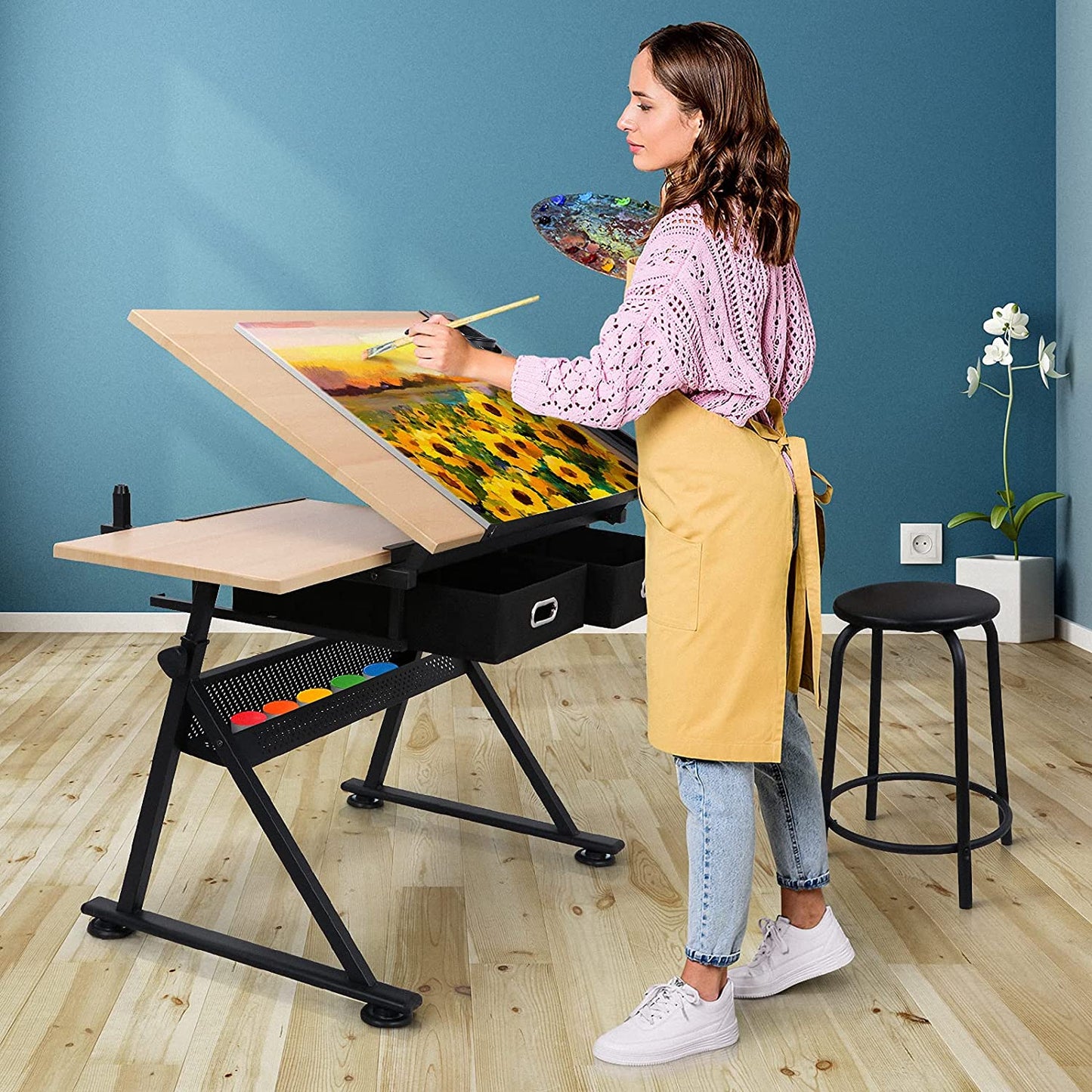 Drafting Table Art Desk Drawing Table Height Adjustable Artist Table Tilted Tabletop w/Drafting Stool and Storage Drawer for Reading, Writing, Crafting, Painting Art