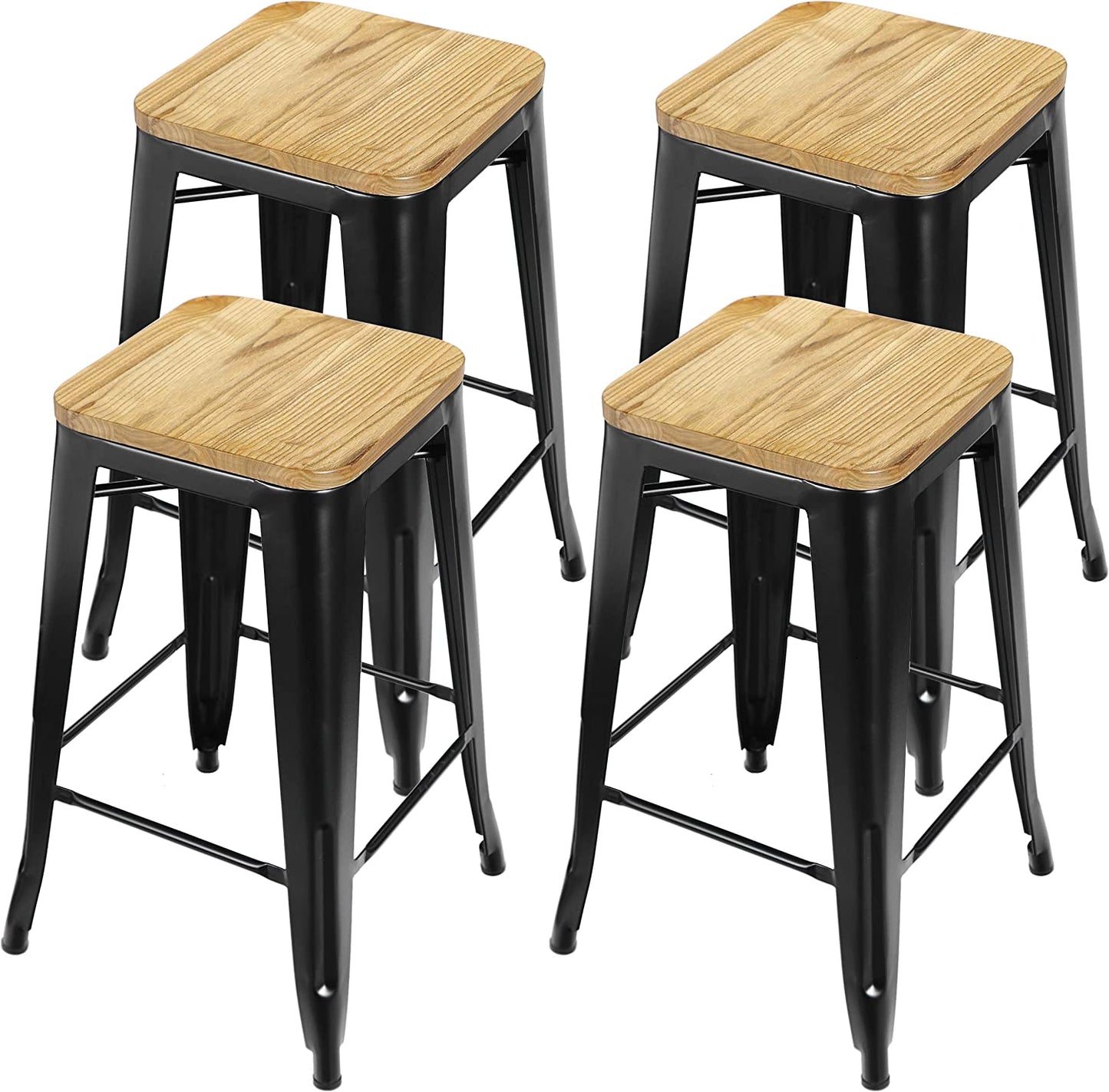 Metal Bar Stools Set of 4, Counter Height 26" Stools with Wooden Seat Stackable Indoor/Outdoor Barstools, 330 lbs Capacity
