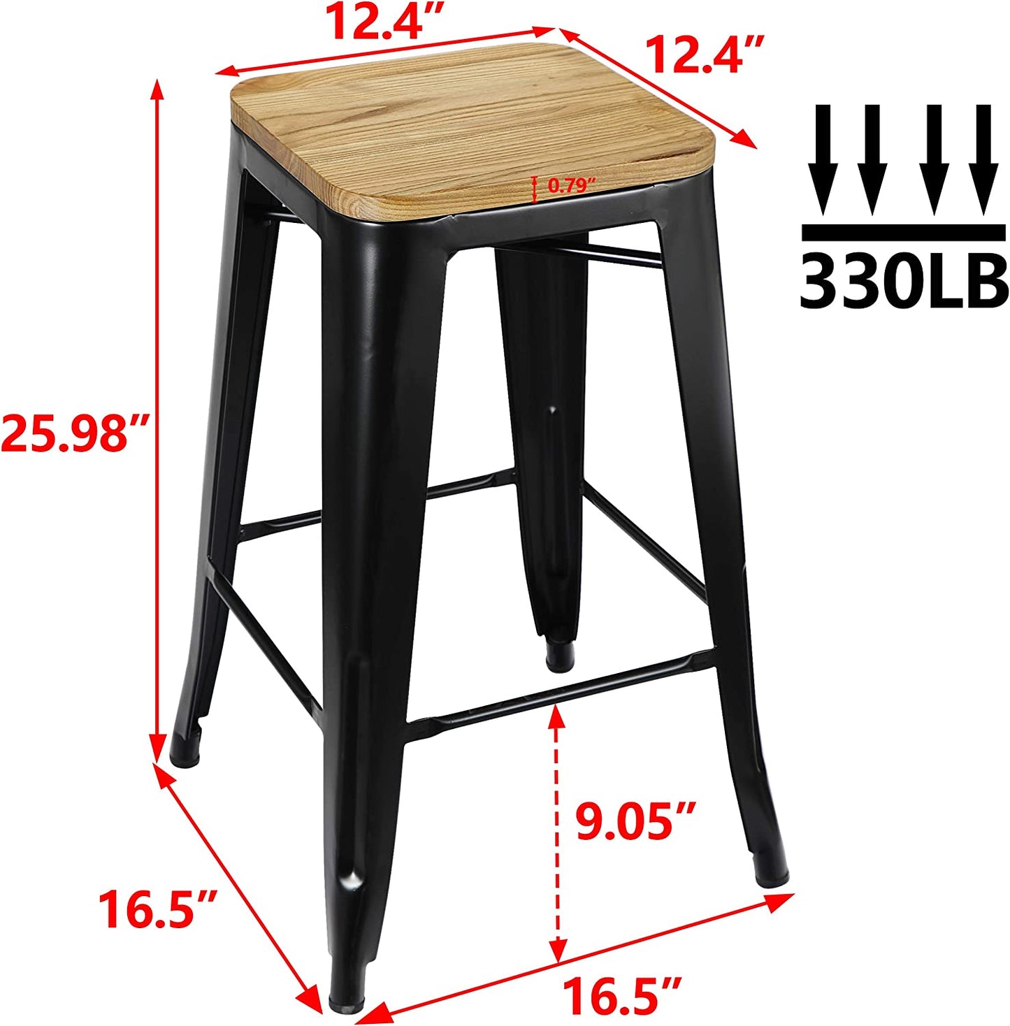 Set of 8 Metal Bar Stools 26" Counter Height with Wooden Seat Stackable Indoor/Outdoor Barstools, 330 lbs Capacity