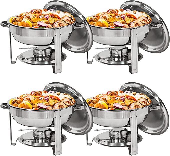 Round Chafing Dish Full Size 5 Quart Stainless Steel Deep Pans Chafer Dish Set Buffet Catering Party Events Warmer Serving Set Utensils w/Fuel Holder