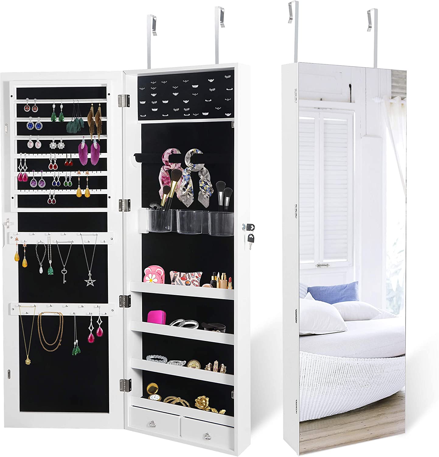 Hanging Jewelry Armoire with Full Length Mirror Wall Jewelry Cabinet Organizer, 47.2'' Door Mirror Jewelry Storage