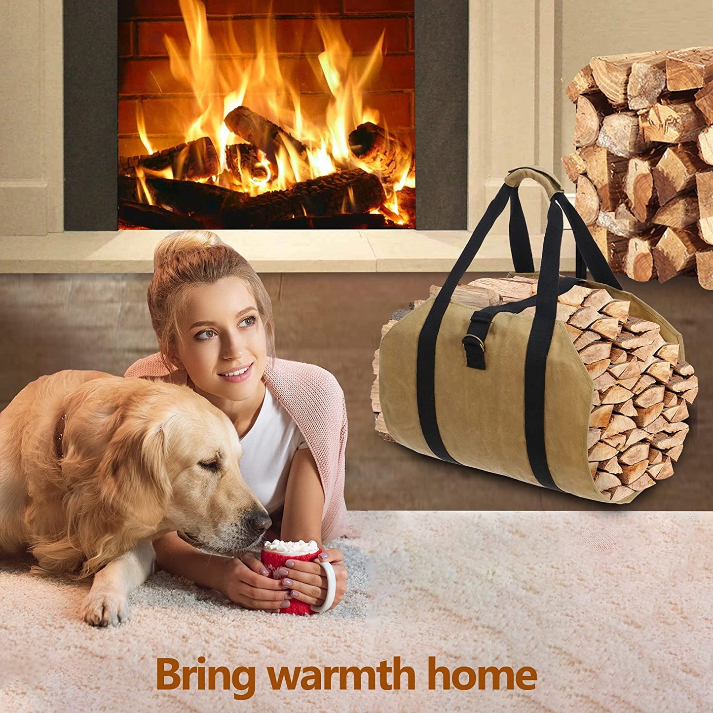 Log Carrier Bag Firewood Holder with Handles Indoor Outdoor Fireplace Wood Bag Canvas Firewood Tote Bag