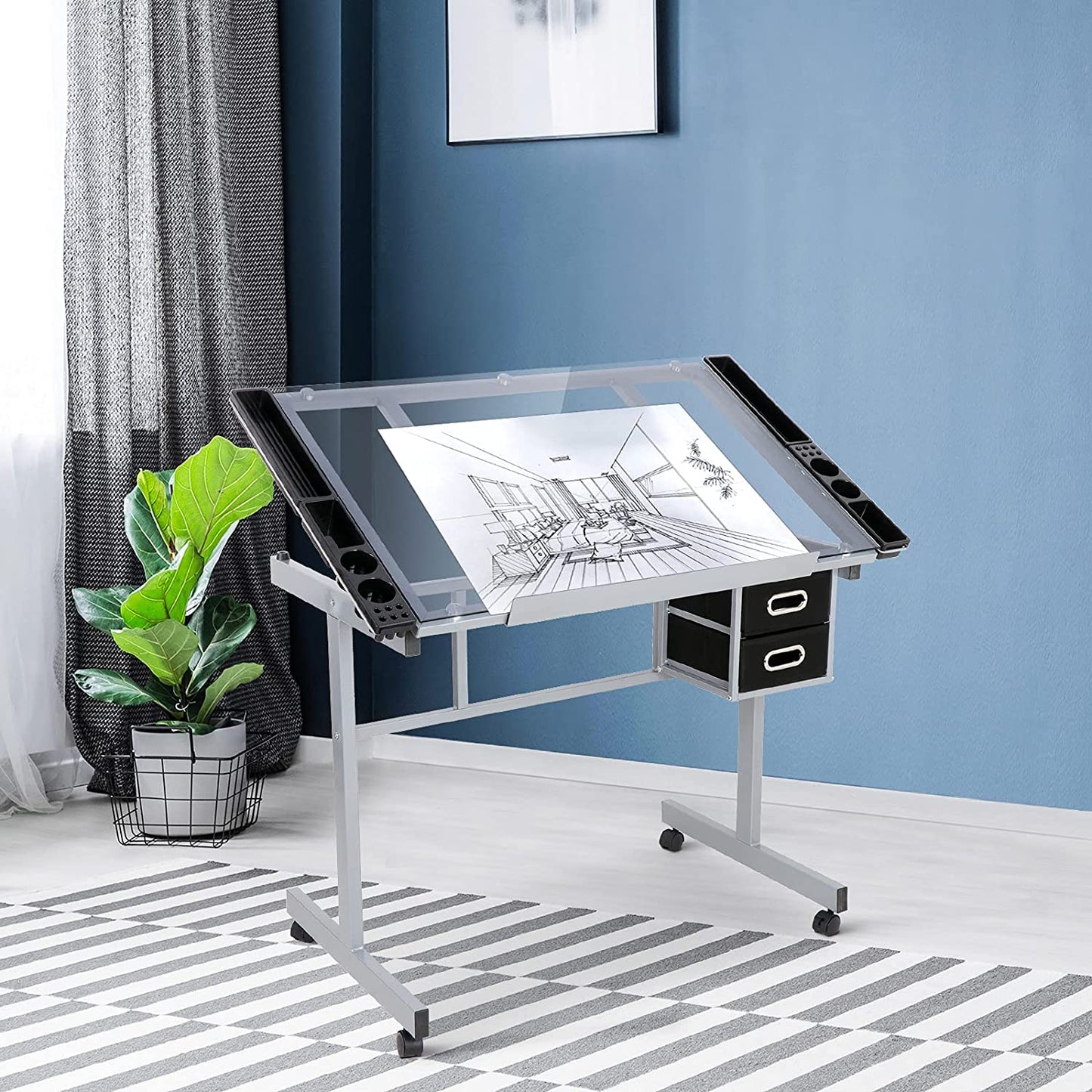 Glass Top Adjustable Drawing Desk Craft Station Drafting Table Tempered Glass Top Art Craft Desk w/2 Slide Drawers and Wheels