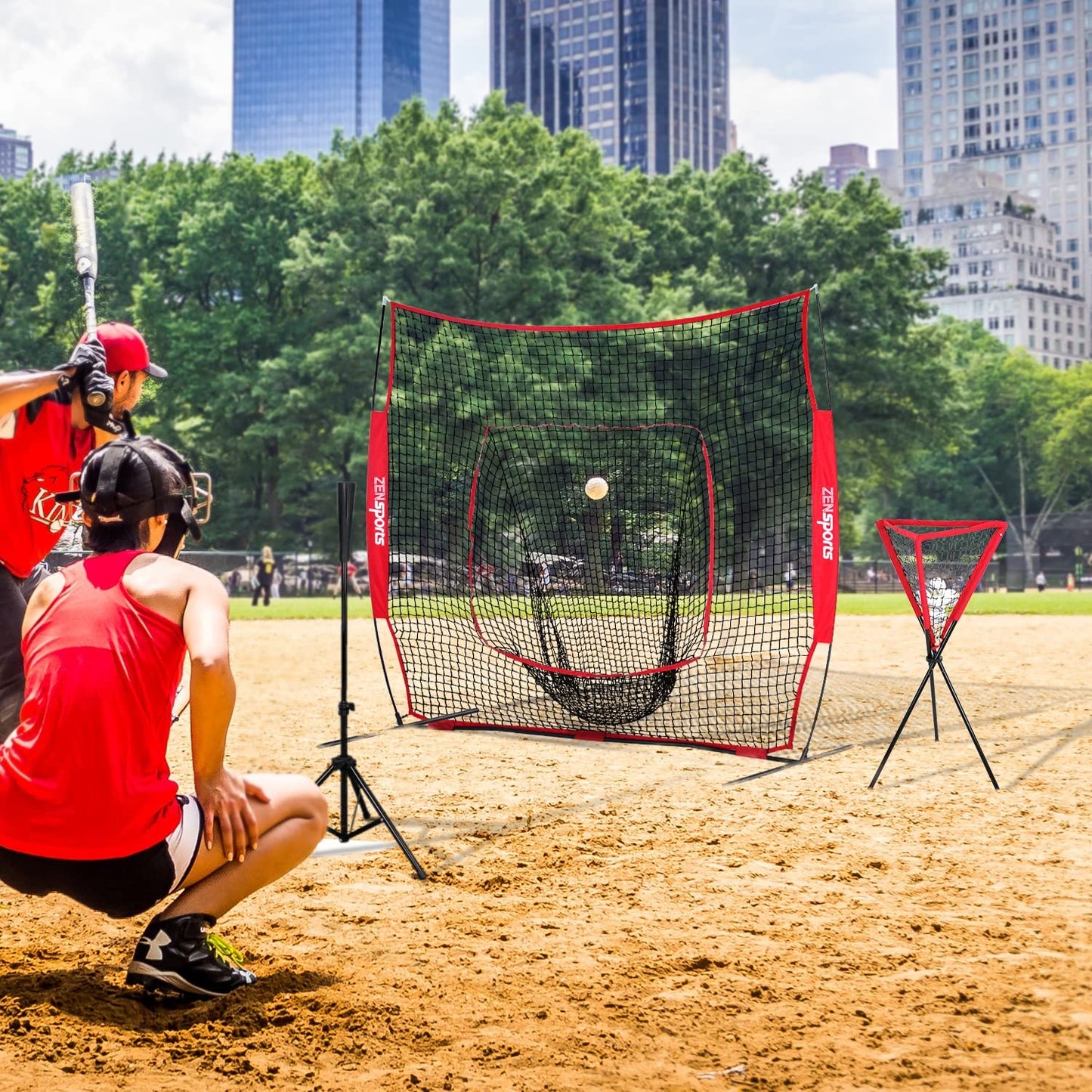Baseball 7' x 7' Softball Practice Net and Tee Ball Caddy Combo Set for Outdoor Backyard Pitching Fielding Batting