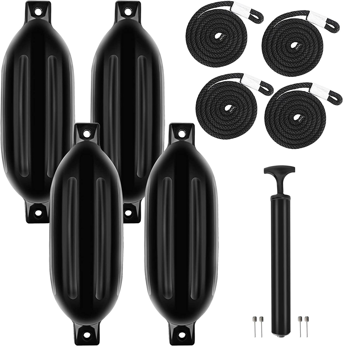 Boat Fenders 4 Pack Vinyl Ribbed Marine Boat Bumpers for Docking Twin Eyes Dock Shield Protection w/Boat Fender Line and Pump, 6.5’’x24’’ Larger Size