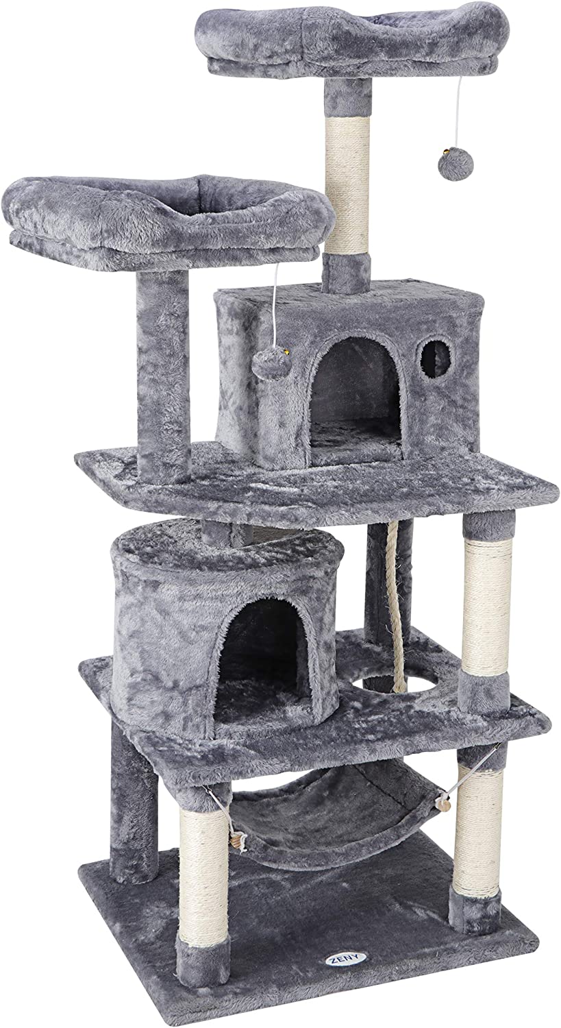 57 Inch Cat Tree, Cat Condo Tower with Scratching Posts, Play House, Pet Hammock, Cat Furniture Kitten Activity Tower, Grey