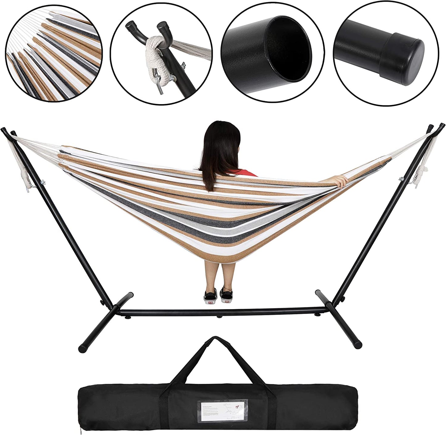 Double Hammock with Stand 2 Person Heavy Duty Steel 9ft Hammock Stand Portable Carrying Bag for Indoor Outdoor Bedroom,Desert Stripes
