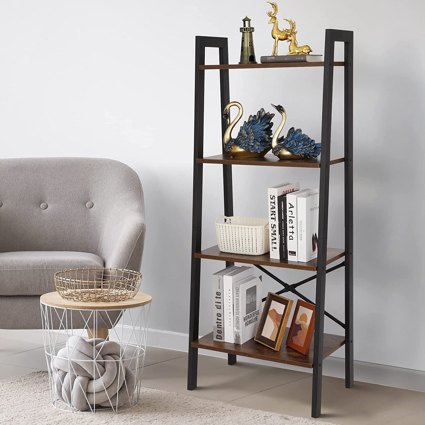 4-Tier Bookshelf, Ladder Bookcase, Multifunctional Ladder-Shaped Plant Flower Stand Rack Bookrack Storage Shelves (Rustic Brown)
