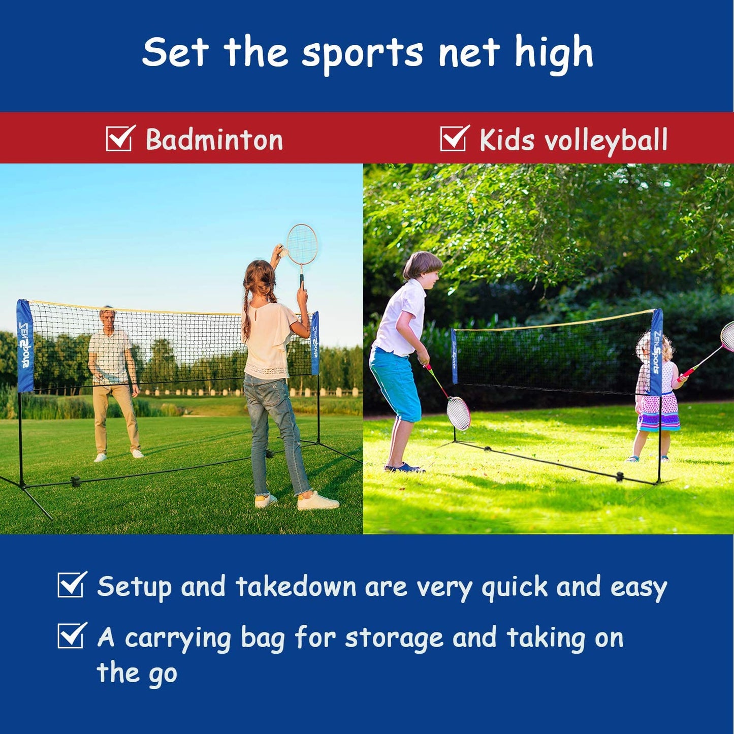 Portable Badminton Net Tennis Net for Soccer, Pickleball, Kids Volleyball Indoor Adjustable Height 2.5ft to 5ft for Outdoor Court Backyard Beach Games