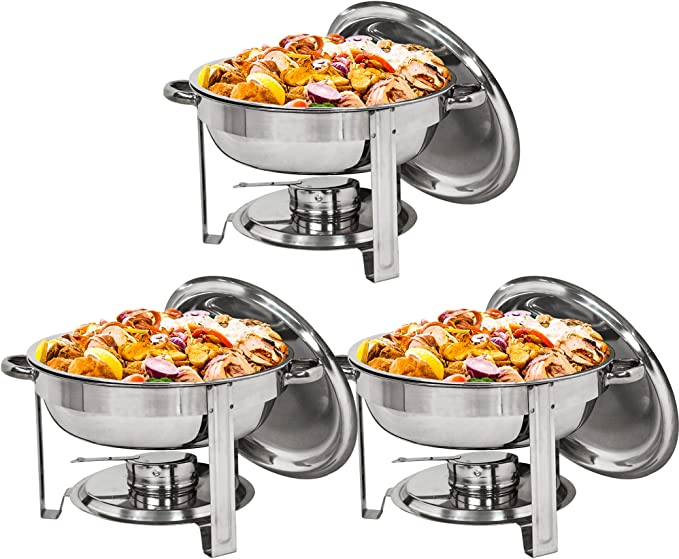 Round Chafing Dish Full Size 5 Quart Stainless Steel Deep Pans Chafer Dish Set Buffet Catering Party Events Warmer Serving Set Utensils w/Fuel Holder