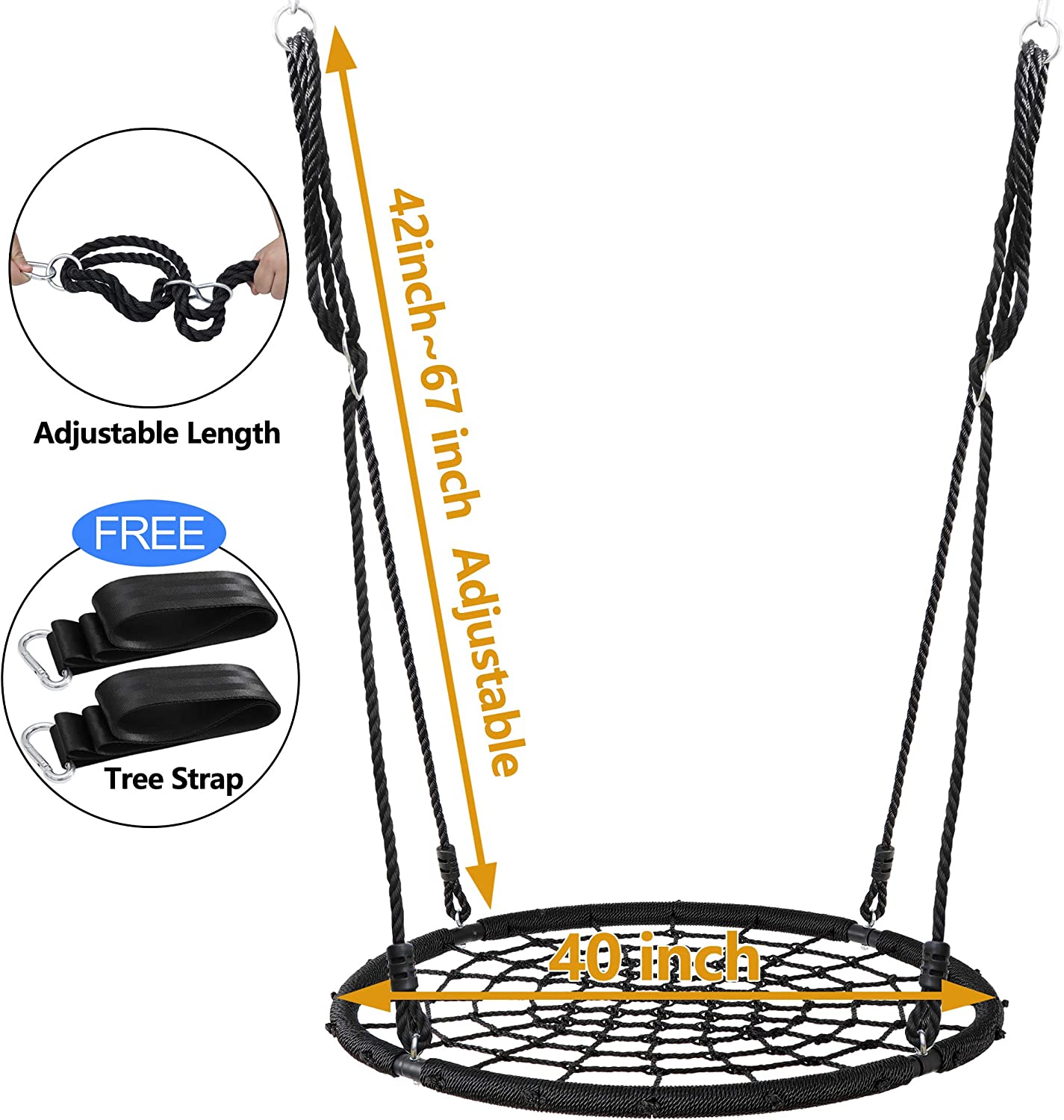 40 Inch Spider Web Swing Tree Swing for Kids Round Swing Platform for Outdoor, Playground, Rope Swing for Tree or Swing Set, 2 Free Hanging Straps and Carabiners