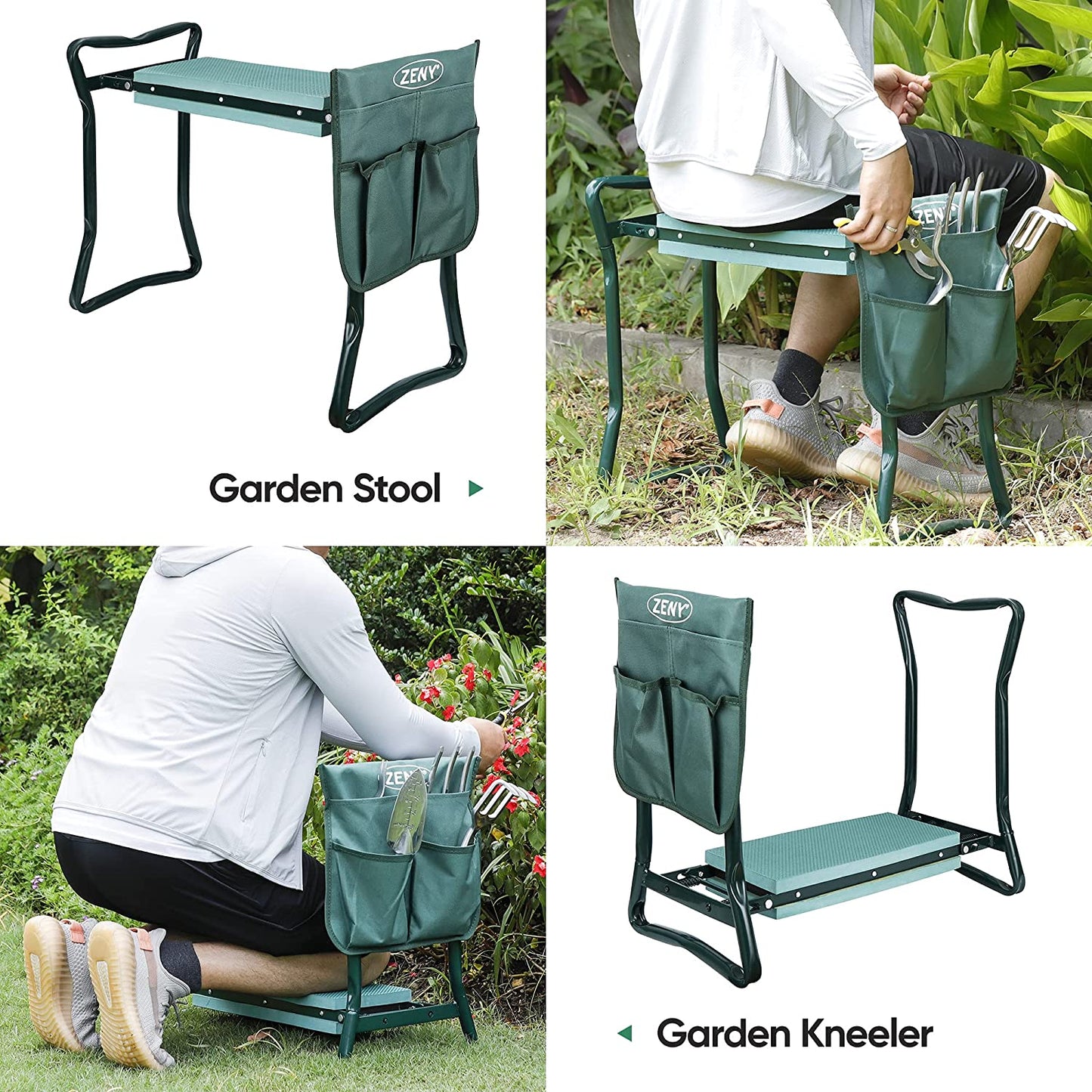 Folding Garden Kneeler Seat Gardening Workseats Portable Garden Bench Stool with Thicken Foam Kneeling Pad and Tools Pouch