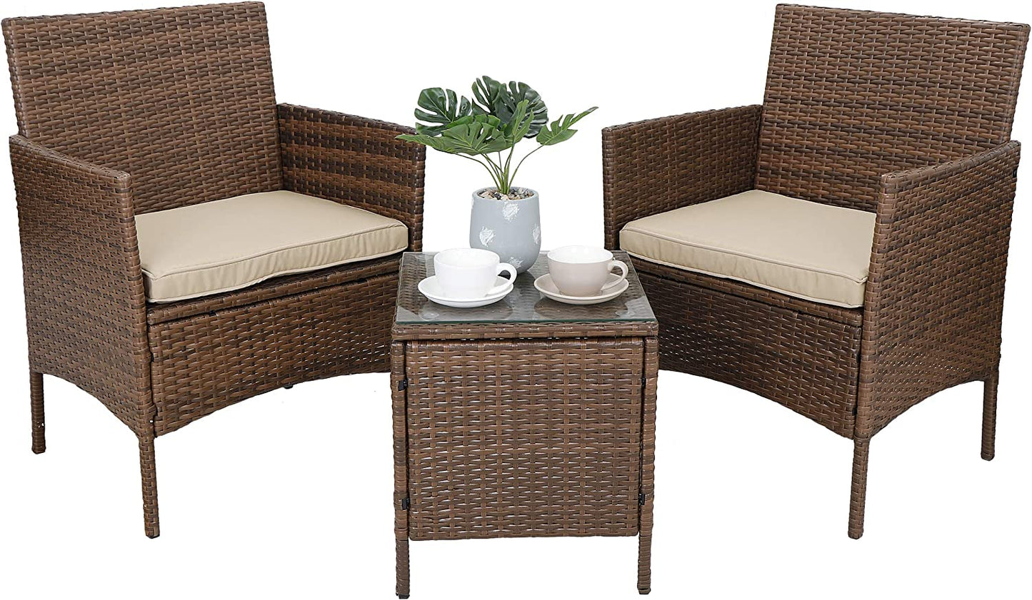 3 Pieces Outdoor Patio Furniture Sets PE Rattan Wicker Chair with Table,Porch Garden Backyard Poolside Balcony Furniture Sets Indoor Outdoor Use