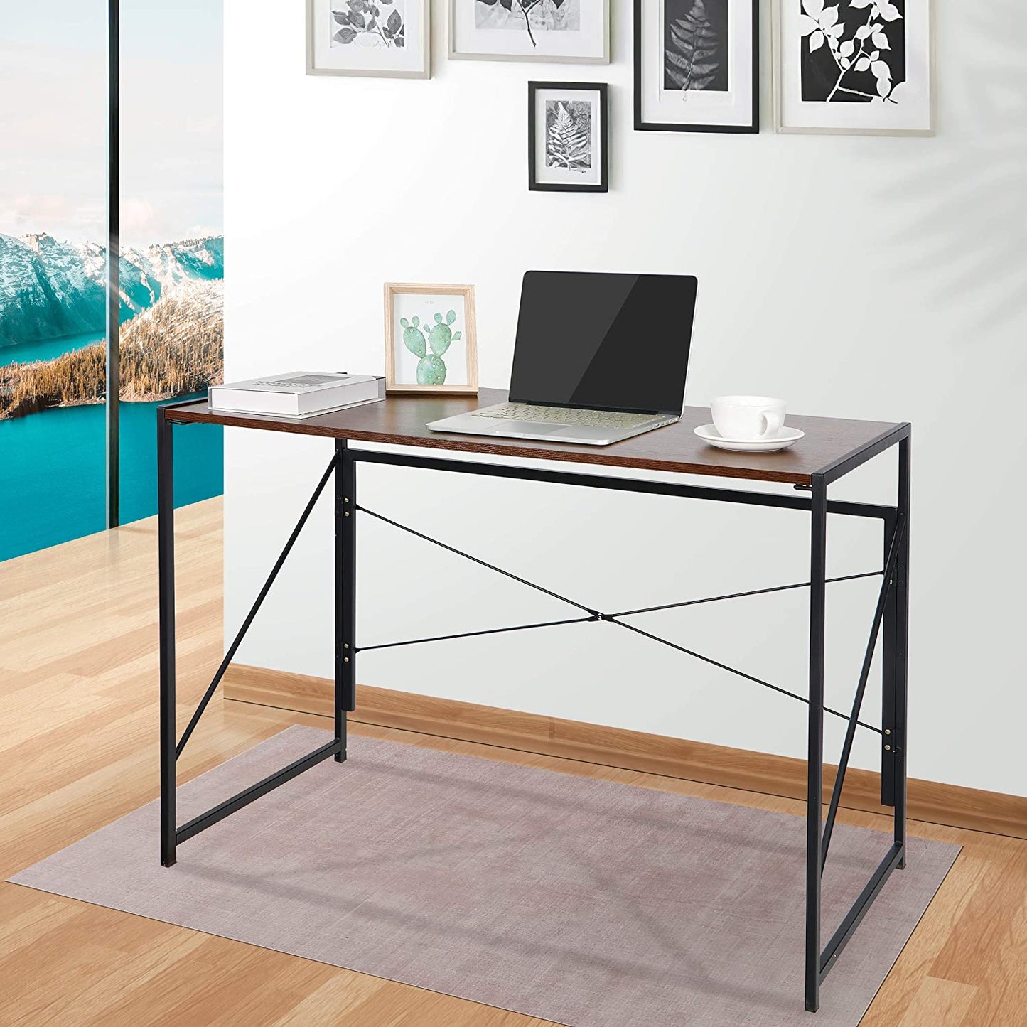 Folding Computer Desk 39'' Sturdy Writing Desk Gaming Desk Home Office PC Laptop Foldable Table Modern Simple Small Study Desk Steel Frame