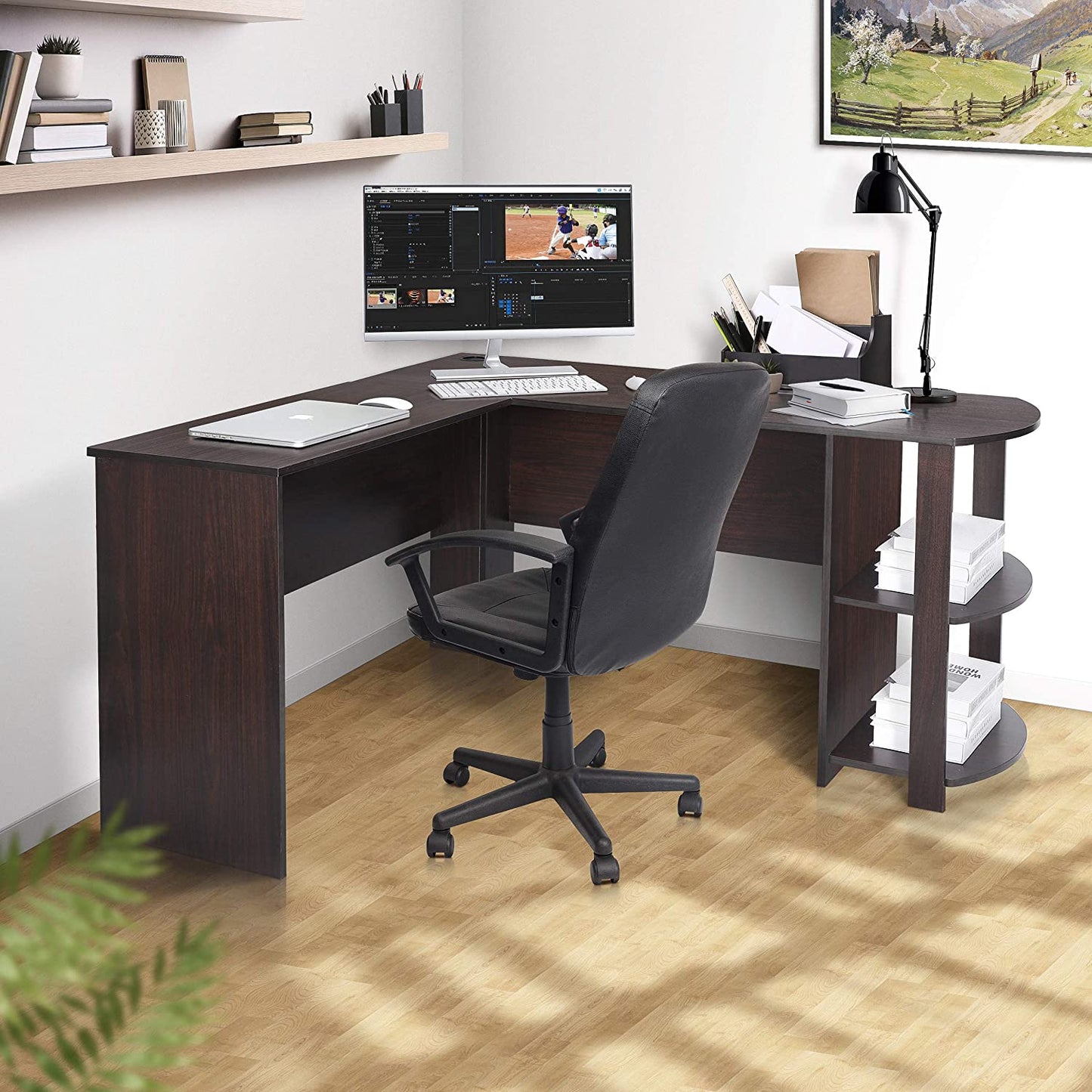 L-Shaped Computer Desk with Bookshelf 53.6’’ Corner Desk Gaming Desk Large Home Office Desk with Storage, Espresso