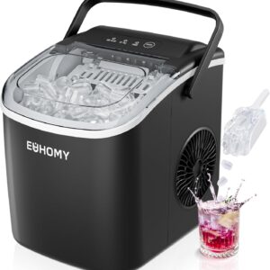 EUHOMY Countertop Ice Maker Machine with Handle, 26lbs in 24Hrs, 9 Ice Cubes Ready in 6 Mins, Auto-Cleaning Portable Ice Maker with Basket and Scoop, for Home/Kitchen/Camping/RV. (Black)