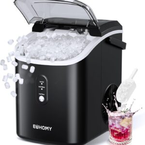 EUHOMY Nugget Ice Maker Countertop with Handle, Ready in 6 Mins, 34lbs Per Day, Removable Top Cover, Auto-Cleaning, Portable Sonic Ice Maker with Basket and Scoop, for Home/Party/RV/Camping (Black)
