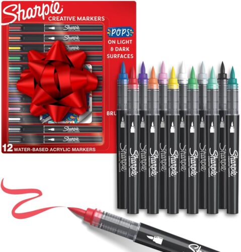 Sharpie Creative Paint-like Brush Tip Acrylic Markers, Assorted Colors, Stocking Stuffers, 12 Count, Perfect for Art and Craft Supplies